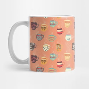 Steaming tea cups on a coral background. Colorful coffee mugs. Hot beverage. Mug